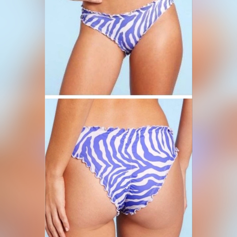 NWT Shade & Shore Purple White Zebra Print Ruffle Cheeky Bikini Bottom Size S